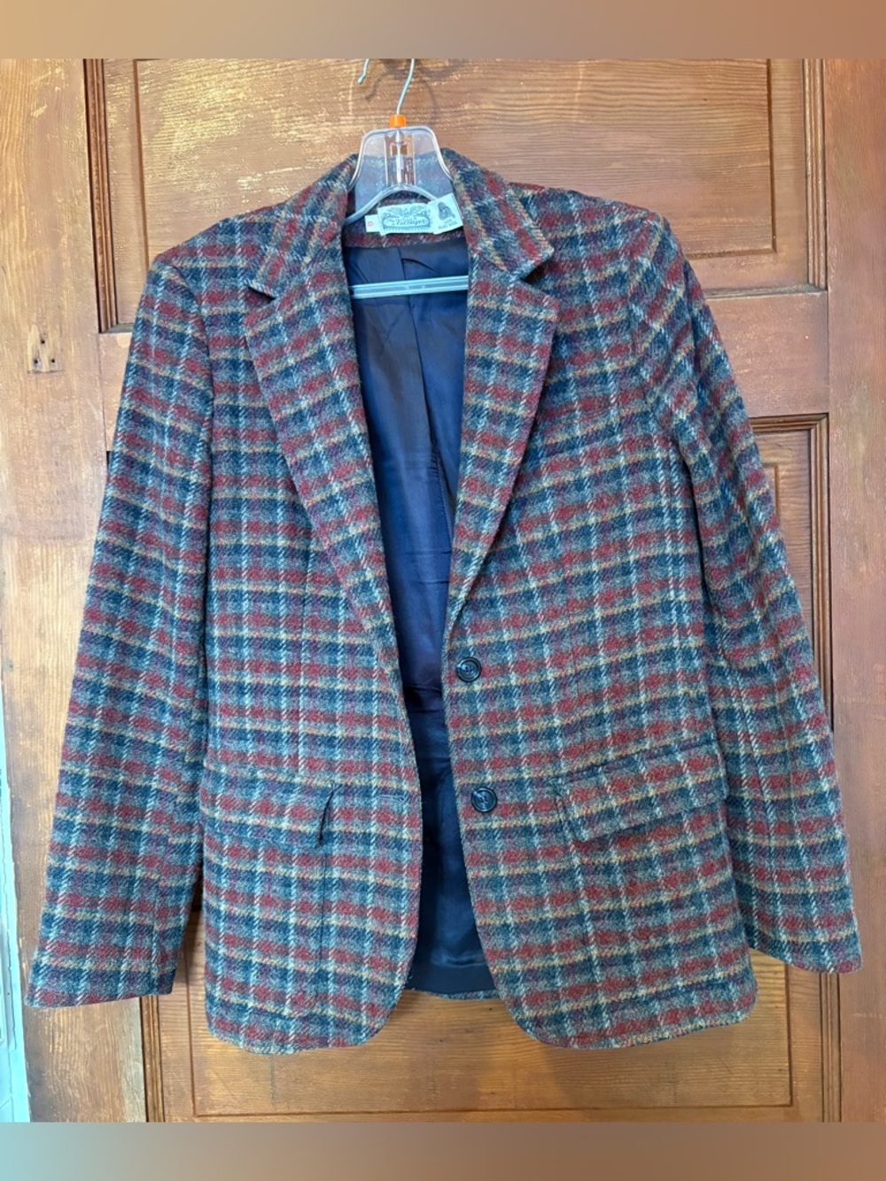 villager Vintage Red & Gray Plaid Wool Blazer